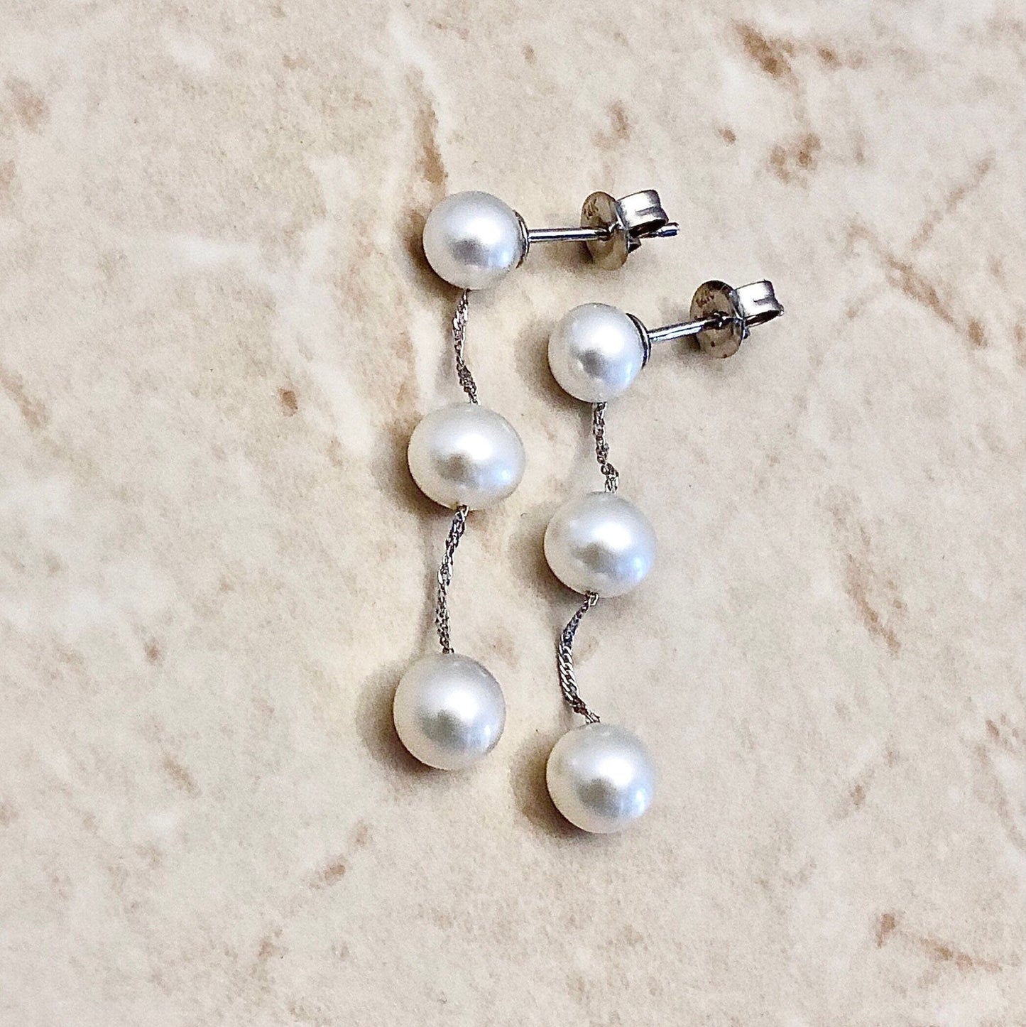 14K Karat White Gold White Pearl Tin - Cup - Pearl Drop Earrings - WeilJewelry