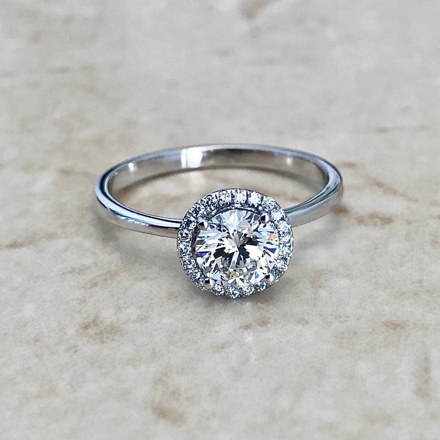 18K Round Diamond Halo Engagement Ring Diamond Engagement Ring - 18K White Gold Diamond Solitaire Ring - Promise Ring - Anniversary Ring
