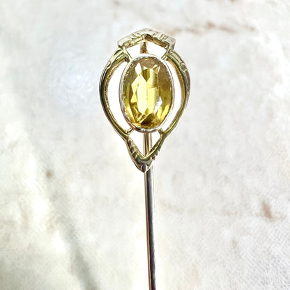 Antique 14 Karat Gold Oval Yellow Tourmaline Stick Pin / Lapel Pin - WeilJewelry