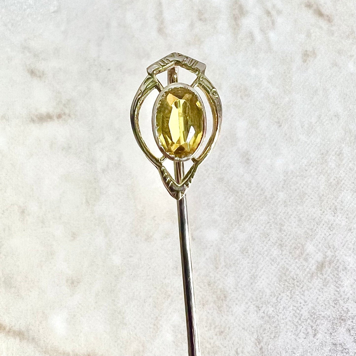 Antique 14 Karat Gold Oval Yellow Tourmaline Stick Pin / Lapel Pin - WeilJewelry