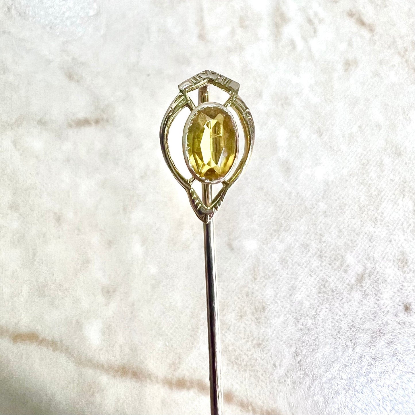 Antique 14 Karat Gold Oval Yellow Tourmaline Stick Pin / Lapel Pin - WeilJewelry