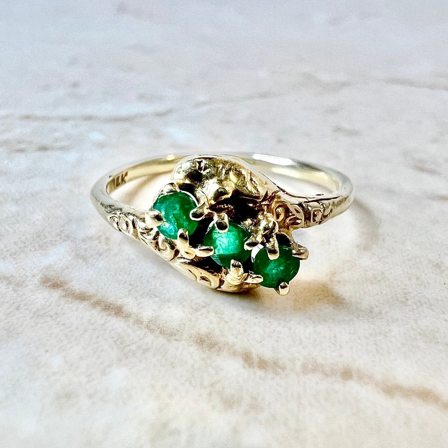 Antique 14 Karat Yellow Gold Natural Emerald Ring - Emerald Cocktail Ring - Three Stone Emerald Ring - May Birthstone - Best Gifts For Her