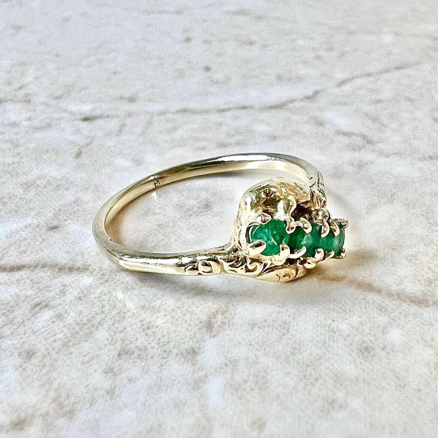 Antique 14 Karat Yellow Gold Natural Emerald Three - Stone Ring - WeilJewelry