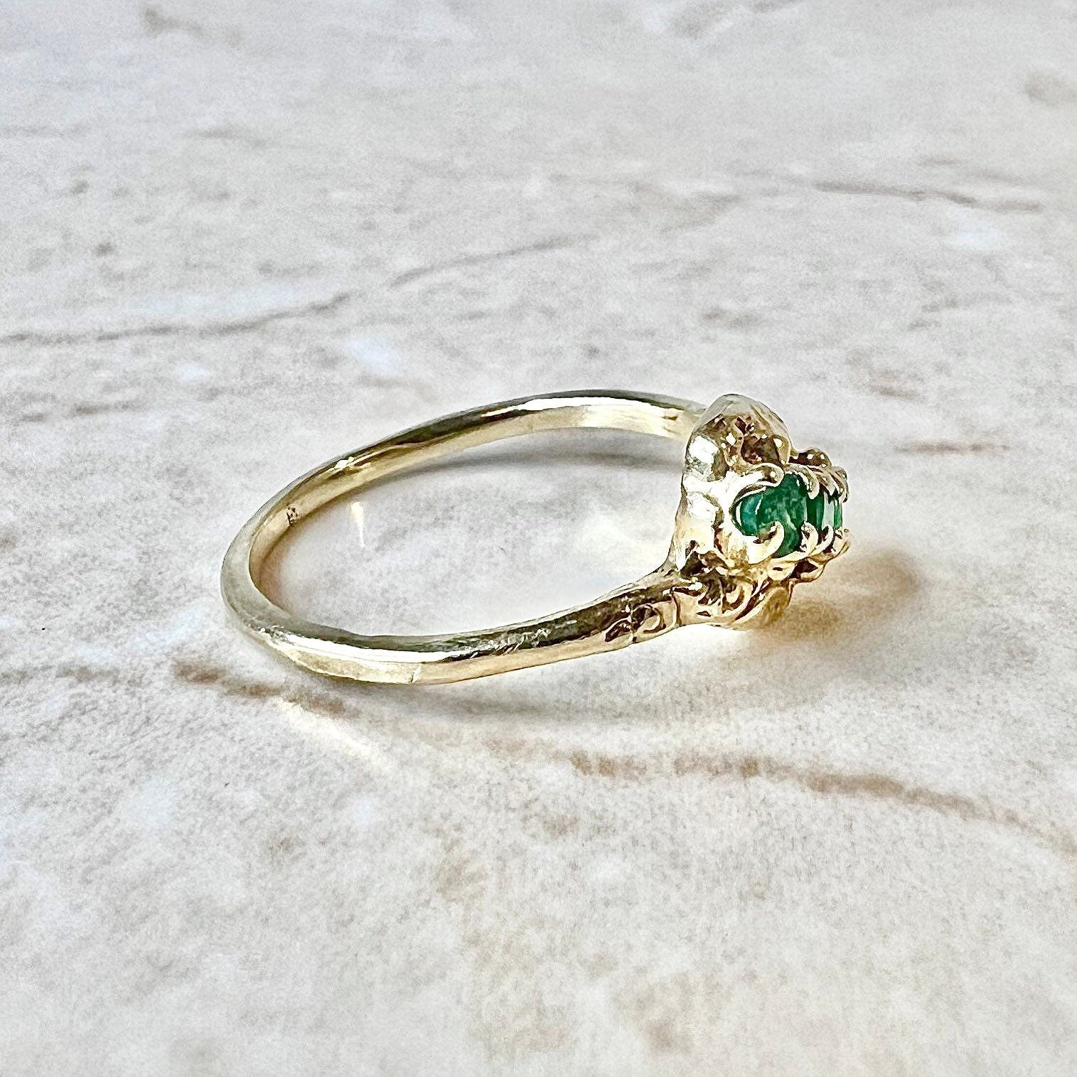 Antique 14 Karat Yellow Gold Natural Emerald Ring - Emerald Cocktail Ring - Three Stone Emerald Ring - May Birthstone - Best Gifts For Her
