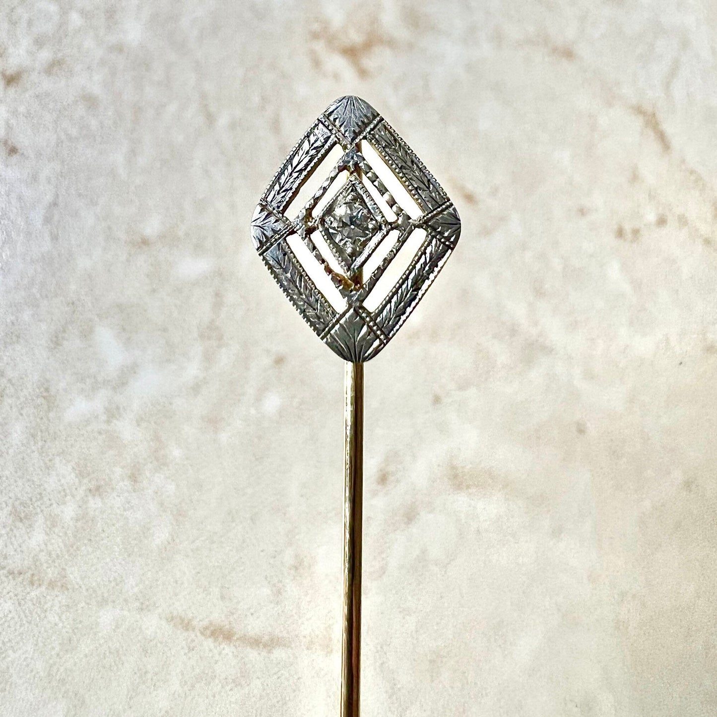 Antique Art Deco 14K Yellow Gold & Platinum Diamond Stick Pin -  Diamond Filigree Stick Pin - Antique Stick Pin -Diamond Solitaire Stick Pin
