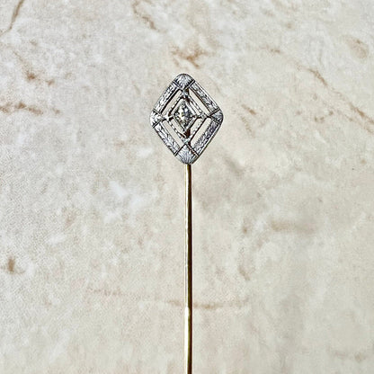 Antique Art Deco 14 Karat Yellow Gold & Platinum Diamond Stick Pin - WeilJewelry