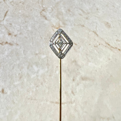 Antique Art Deco 14 Karat Yellow Gold & Platinum Diamond Stick Pin - WeilJewelry