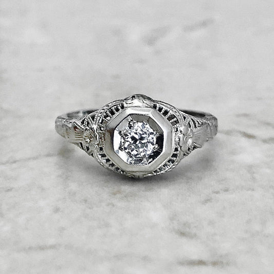 Antique Art Deco 18 Karat White Gold 0.20 Carat Diamond Solitaire Engagement Ring - WeilJewelry