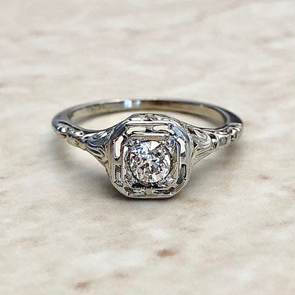 Antique Art Deco Diamond Engagement Ring - Circa 1920 -  18K White Gold - Vintage Solitaire - Wedding Ring - Bridal Jewelry - Size 5.5