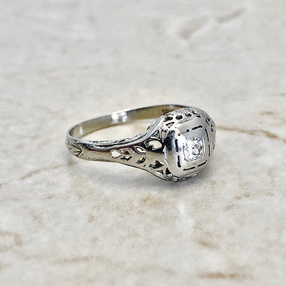 CLEARANCE 40% OFF - Antique Art Deco 18 Karat White Gold Diamond Solitaire Engagement Ring - WeilJewelry