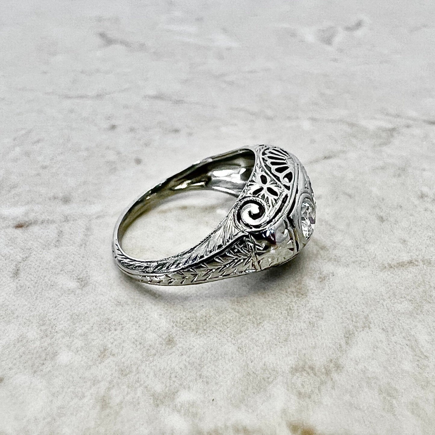 Antique Art Deco Filigree 18 Karat White Gold 0.70 Carat Diamond Three - Stone Ring - WeilJewelry