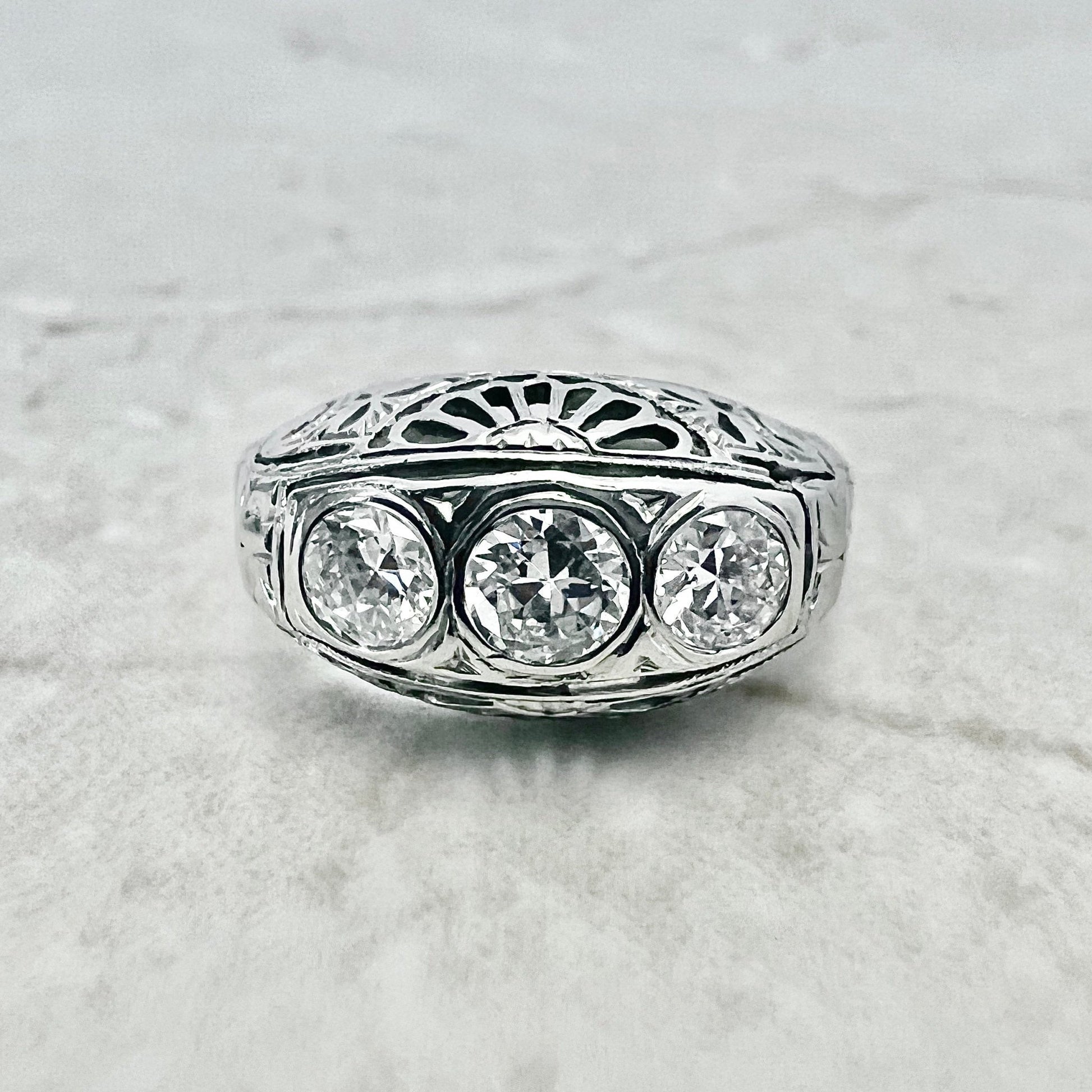 Antique Art Deco Filigree 18 Karat White Gold 0.70 Carat Diamond Three - Stone Ring - WeilJewelry