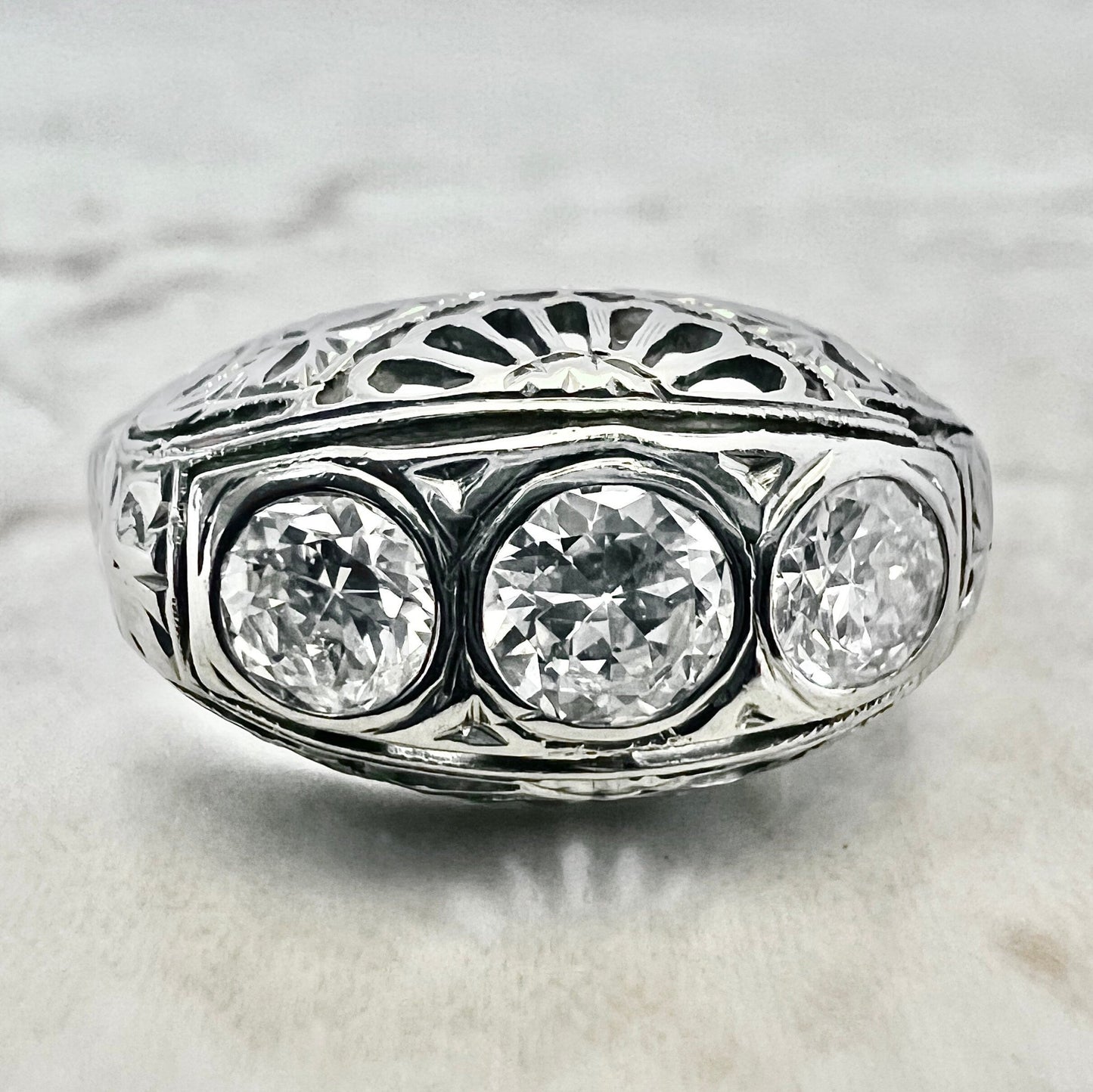 Antique Art Deco Filigree 18 Karat White Gold 0.70 Carat Diamond Three - Stone Ring - WeilJewelry