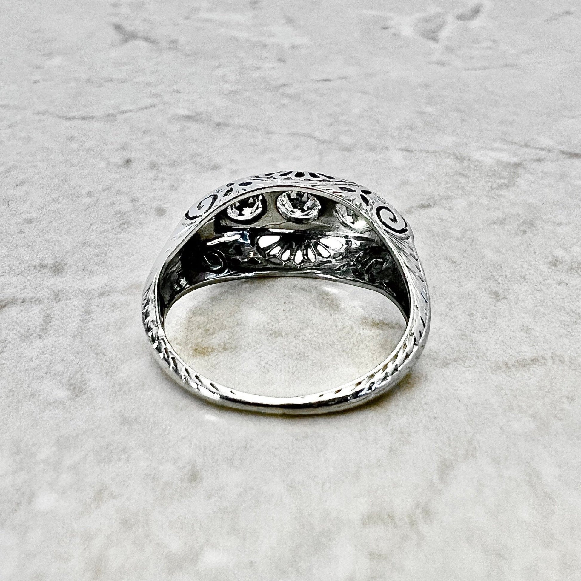 Antique Art Deco Filigree 18 Karat White Gold 0.70 Carat Diamond Three - Stone Ring - WeilJewelry