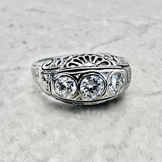 Antique Art Deco Filigree 18 Karat White Gold 0.70 Carat Diamond Three - Stone Ring - WeilJewelry