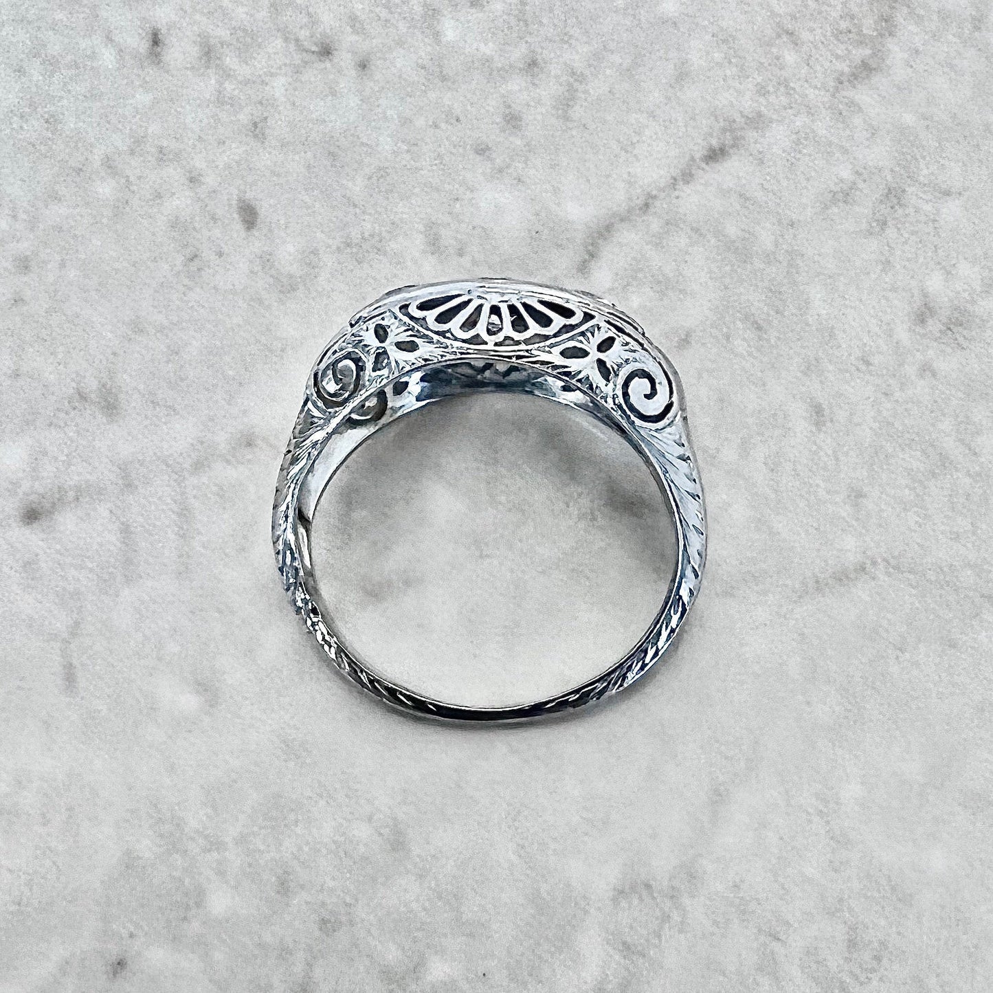 Antique Art Deco Filigree 18 Karat White Gold 0.70 Carat Diamond Three - Stone Ring - WeilJewelry