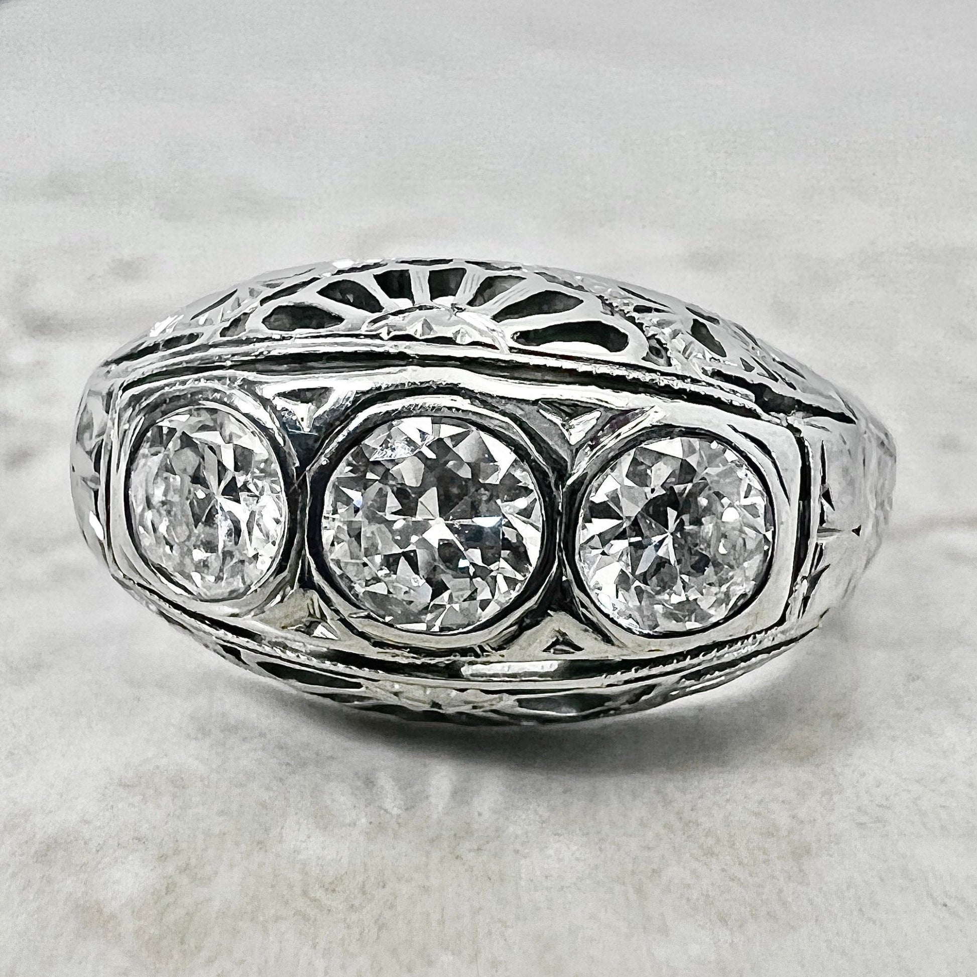 Antique Art Deco Filigree 18 Karat White Gold 0.70 Carat Diamond Three - Stone Ring - WeilJewelry