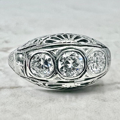 Antique Art Deco Filigree 18 Karat White Gold 0.70 Carat Diamond Three - Stone Ring - WeilJewelry