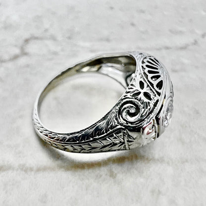 Antique Art Deco Filigree 18 Karat White Gold 0.70 Carat Diamond Three - Stone Ring - WeilJewelry