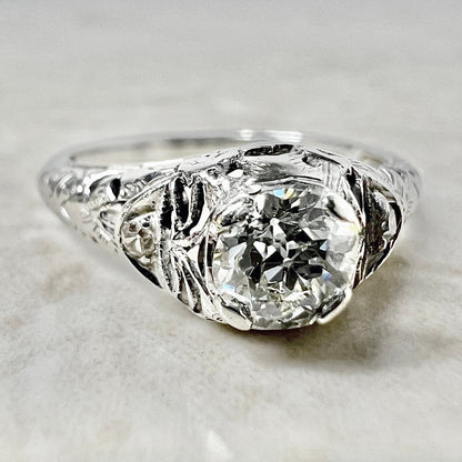 0.50 CT Antique Art Deco Diamond Engagement Ring -  18K White Gold Art Deco Solitaire - Filigree Art Deco Ring - Diamond Solitaire Ring