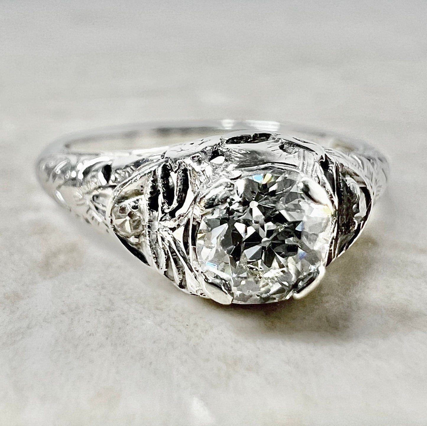 Antique Art Deco Handcrafted 18 Karat White Gold 0.50 Carat Old European Diamond Solitaire Engagement Ring - WeilJewelry