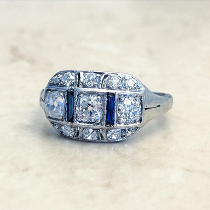 Antique Art Deco Platinum Diamond & Synthetic Sapphire Ring - WeilJewelry