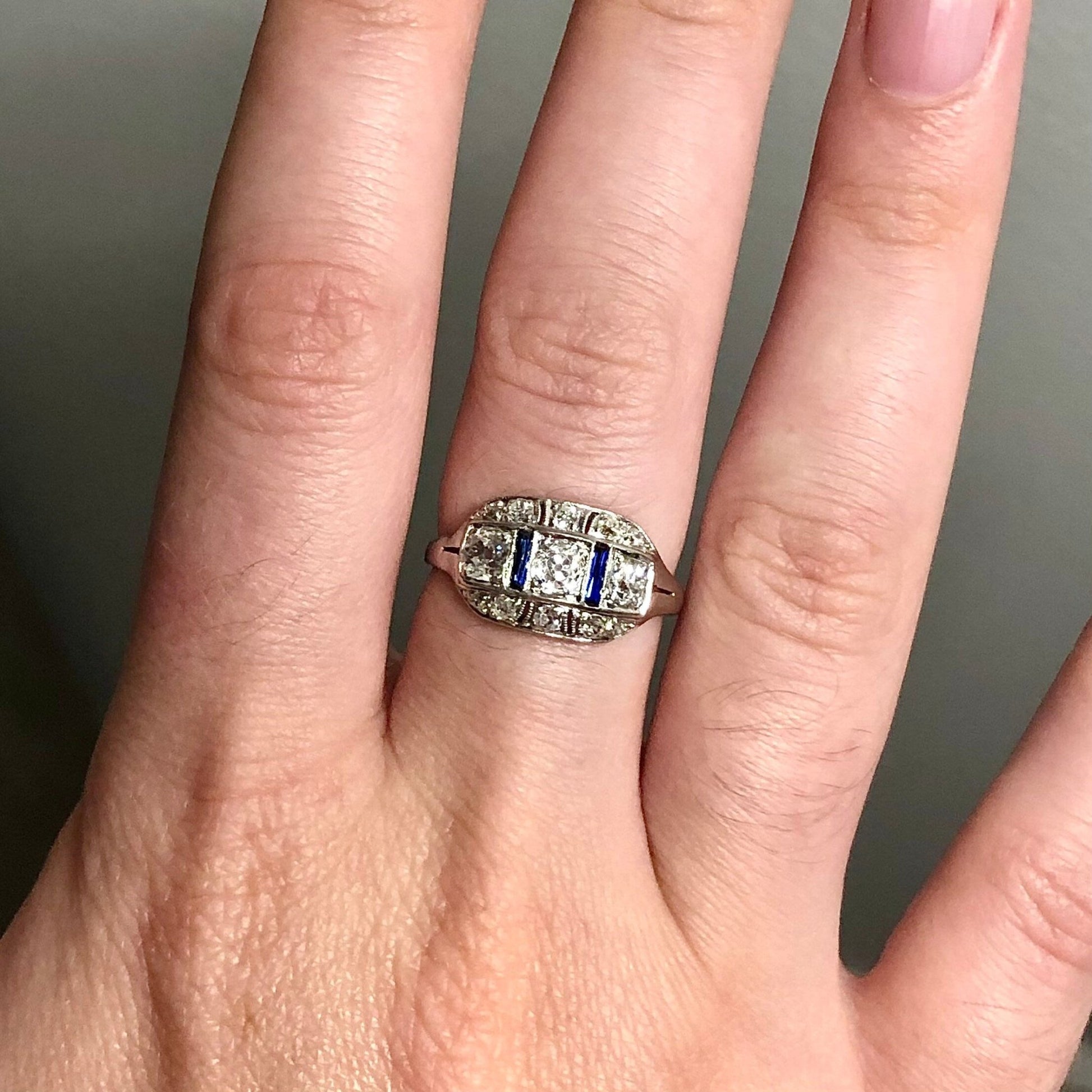Antique Art Deco Platinum Diamond & Synthetic Sapphire Ring - Antique Vintage Engagement Ring - Cocktail Ring -  Promise Ring