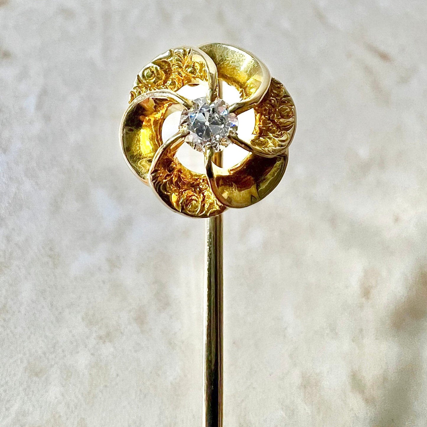 Antique Edwardian 14K Yellow Gold Diamond Stick Pin - Diamond Filigree Stick Pin - Antique Stick Pin - Lapel Pin-Hat Pin-Solitaire Stick Pin