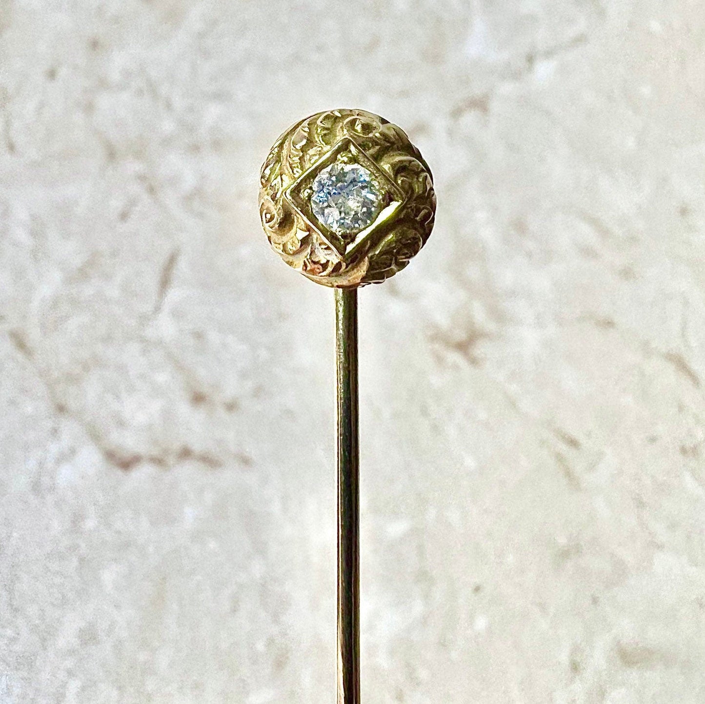Antique Edwardian 14K Yellow Gold Diamond Stick Pin - Diamond Filigree Stick Pin - Antique Stick Pin - Hat Pin-Lapel Pin-Solitaire Stick Pin