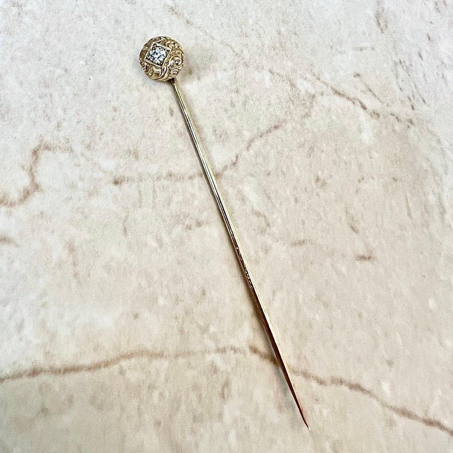 Antique Edwardian 14 Karat Yellow Gold Diamond Solitaire Stick Pin - WeilJewelry