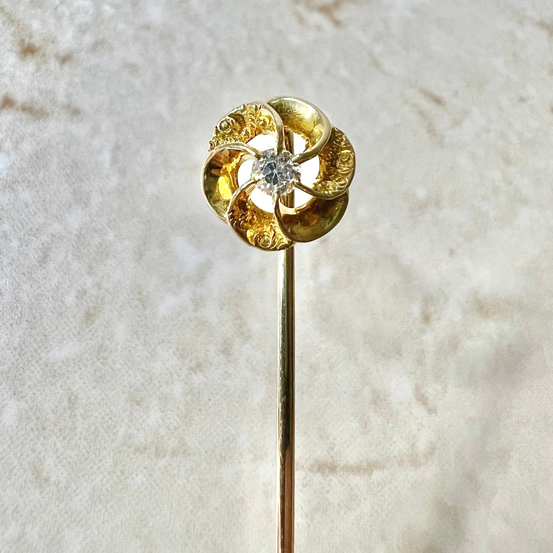 Antique Edwardian 14 Karat Yellow Gold Diamond Solitaire Stick Pin - WeilJewelry