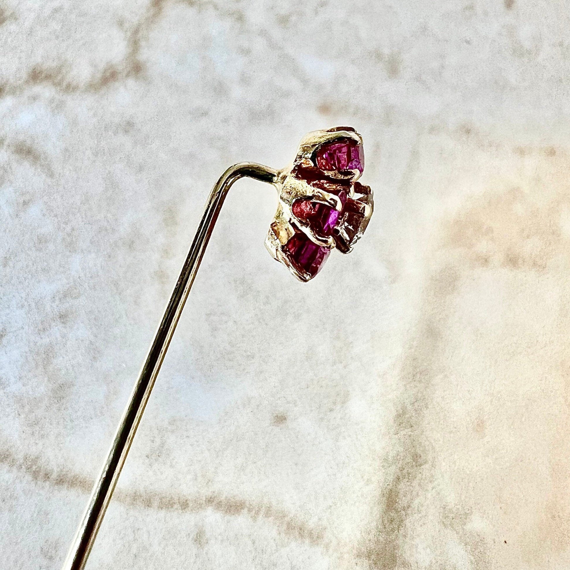 Antique Edwardian 14K Diamond & Ruby Halo Stick Pin - Yellow Gold Ruby Stick Pin -Gold Stick Pin -July Birthstone -Best Gift For Him And Her