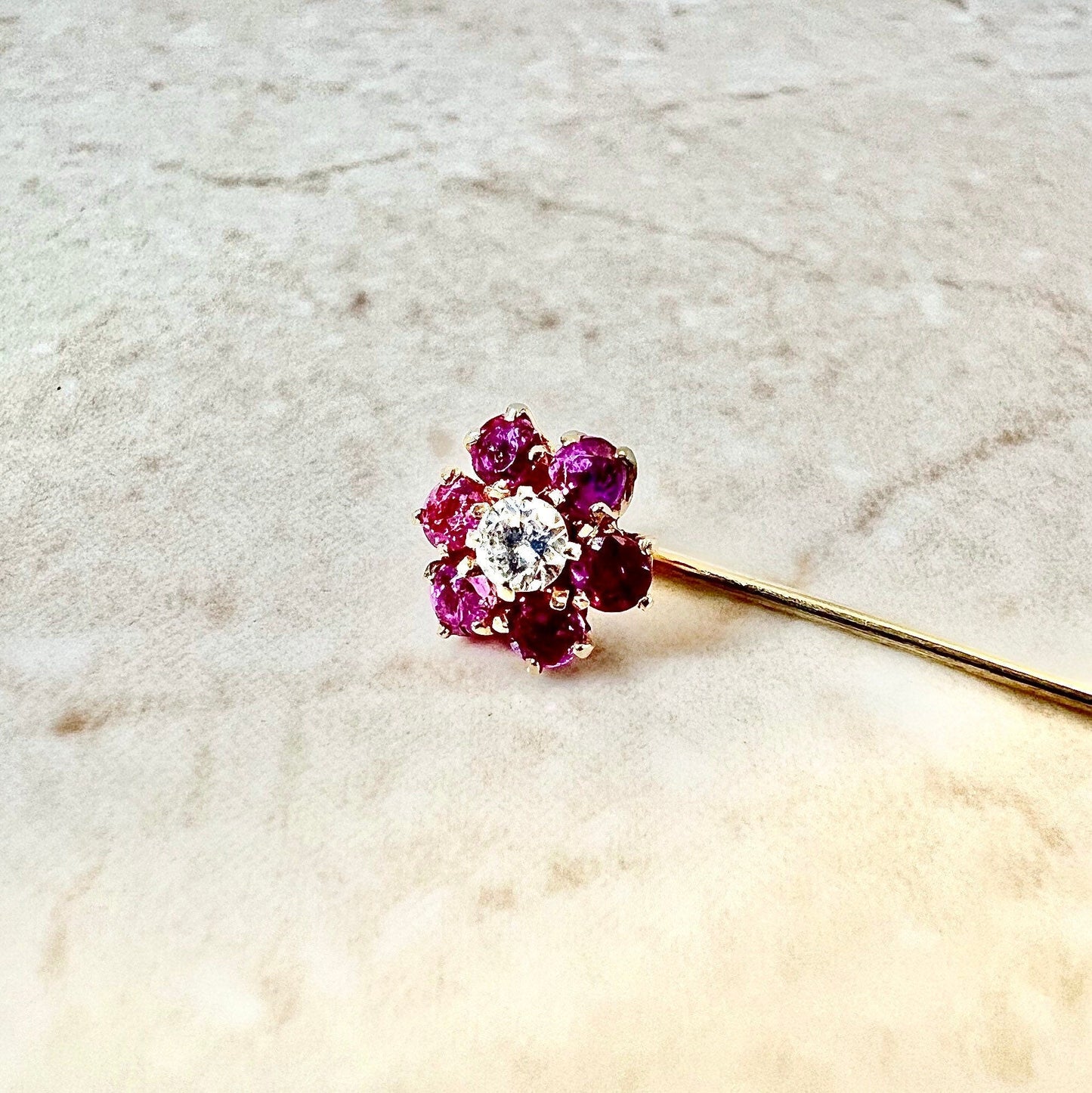 Antique Edwardian 14K Diamond & Ruby Halo Stick Pin - Yellow Gold Ruby Stick Pin -Gold Stick Pin -July Birthstone -Best Gift For Him And Her