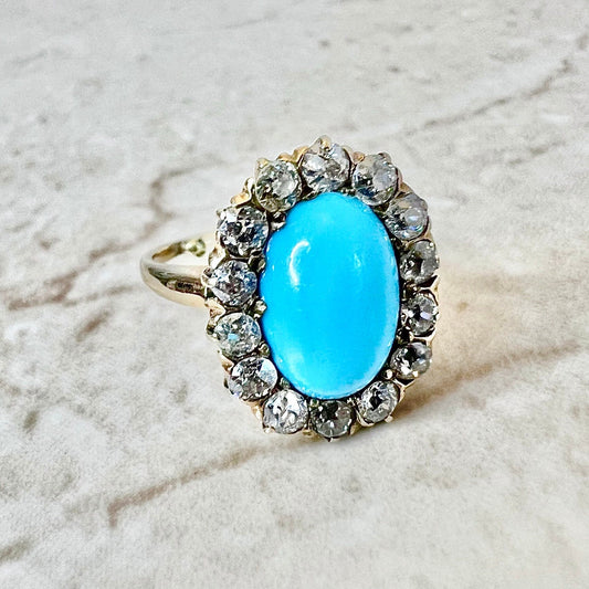 Rare Antique Edwardian 14K Turquoise & Diamond Halo Ring - Yellow Gold Turquoise Ring - Turquoise Cocktail Ring - Best Gift For Her