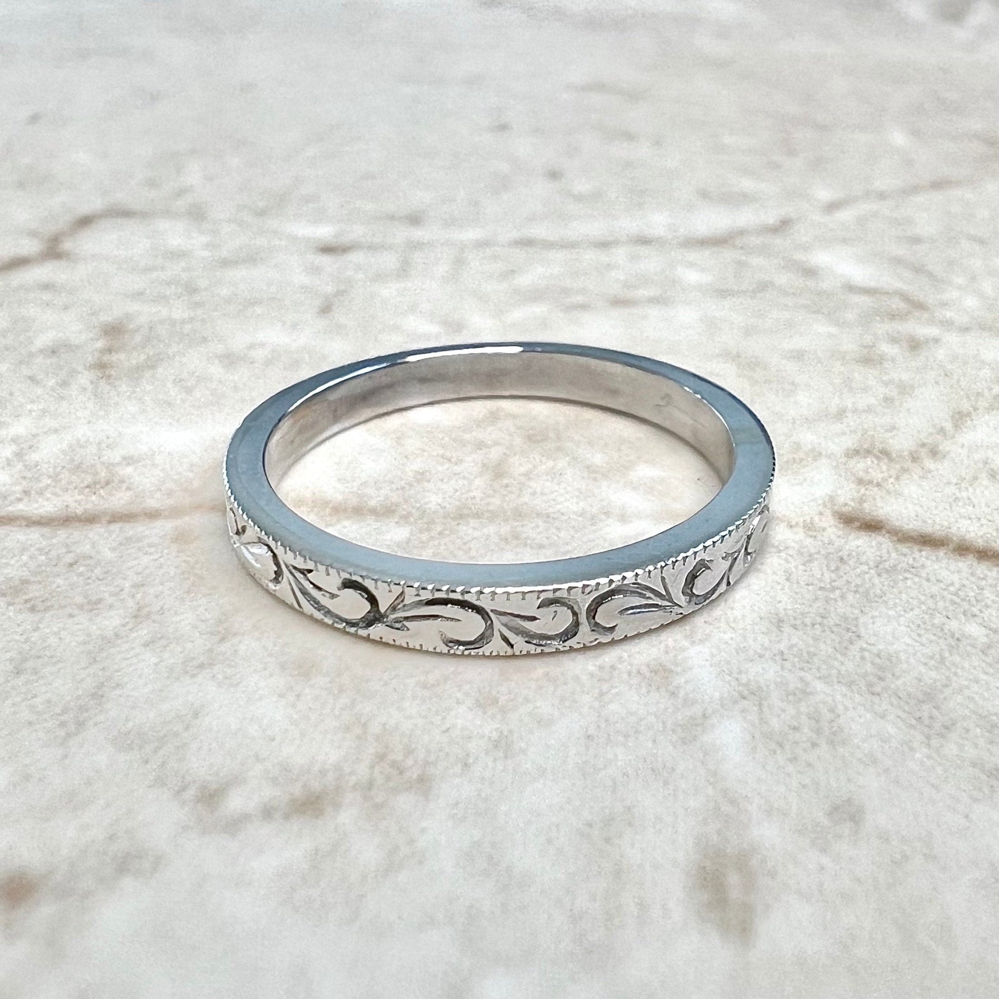 14K Antique Wedding Band Ring - Edwardian White Gold Wedding Ring - Engraved White Gold Band - White Gold Wedding Ring - Best Gifts For Her