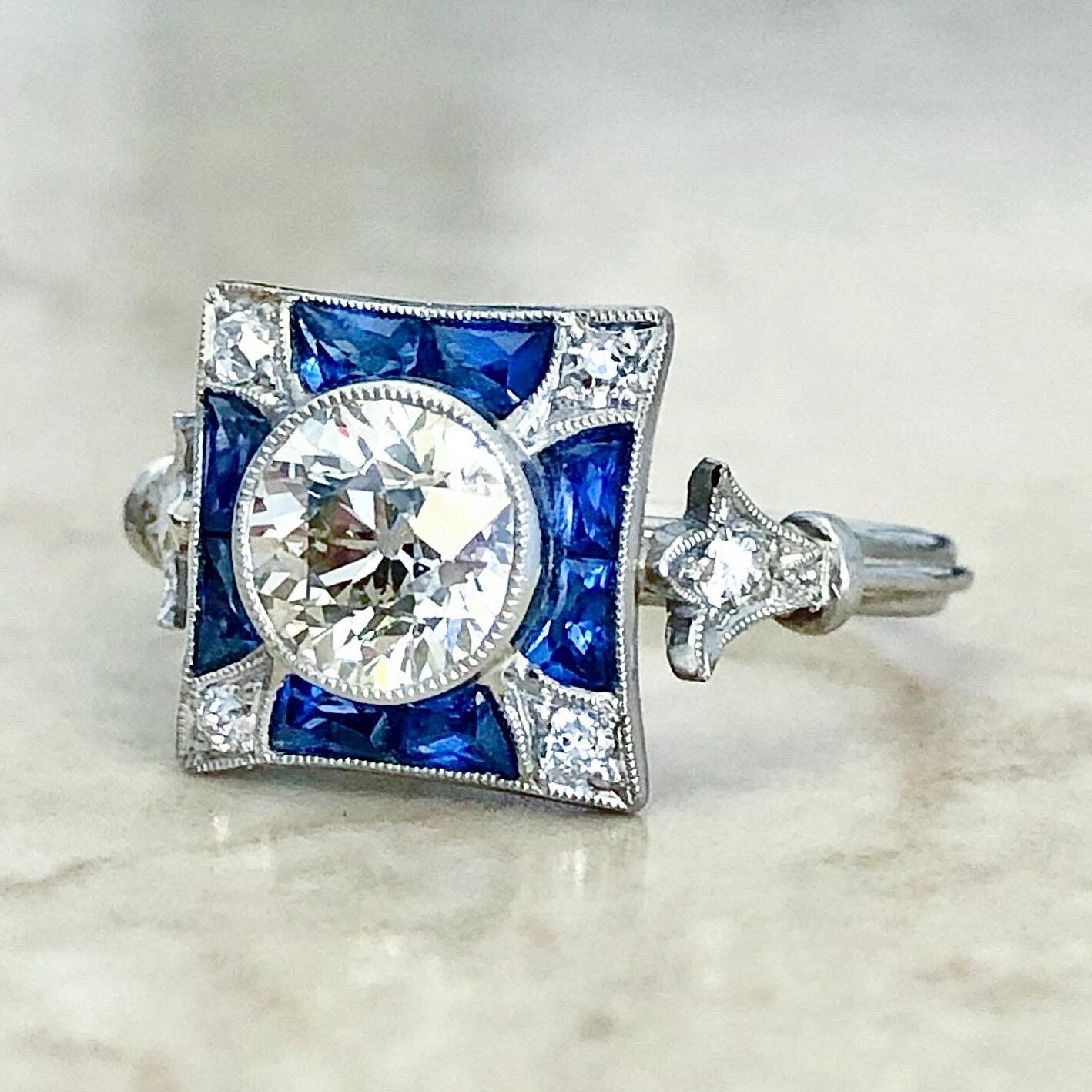 Very Fine Handcrafted Platinum Art Deco Style Diamond & Sapphire Engagement Ring - Cocktail Ring - Promise Ring - Maltese Cross Ring