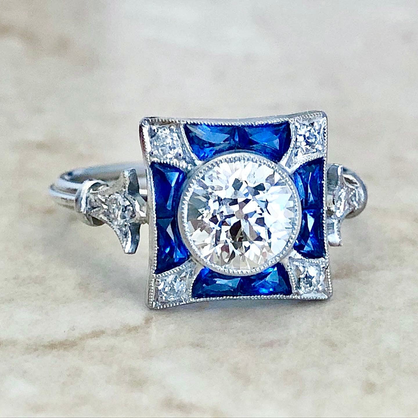 Very Fine Handcrafted Platinum Art Deco Style Diamond & Sapphire Engagement Ring - Cocktail Ring - Promise Ring - Maltese Cross Ring