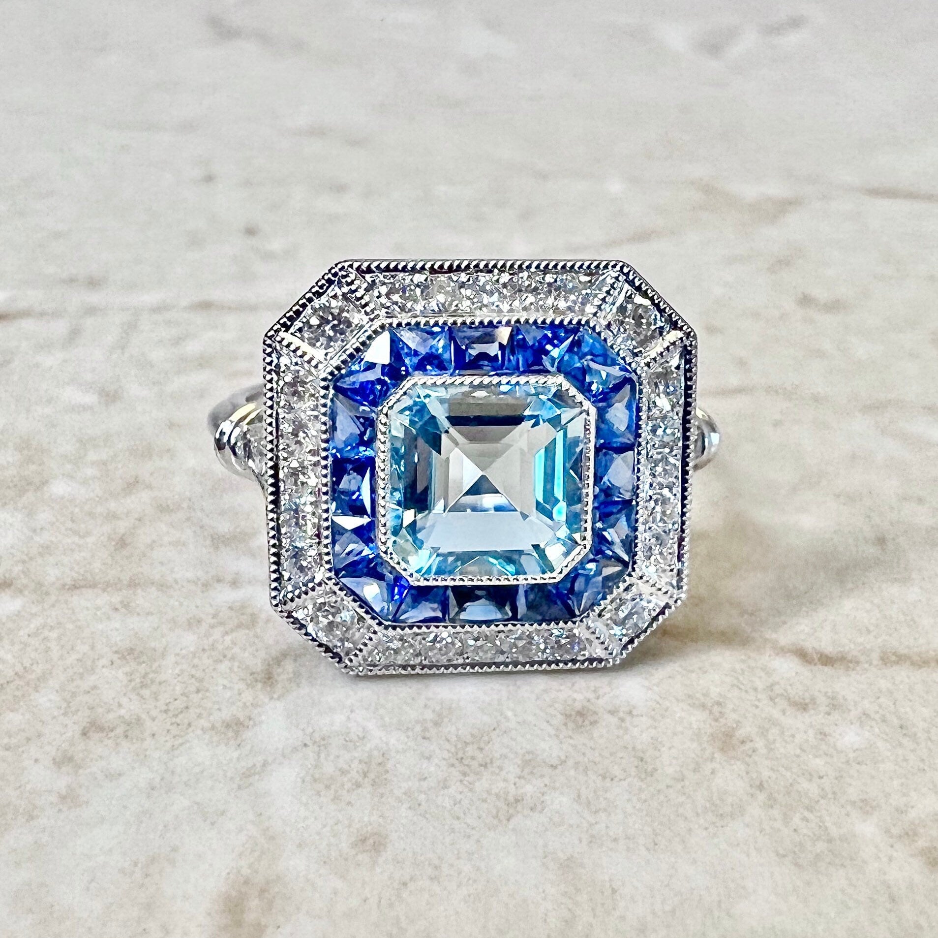Very Fine Handcrafted Platinum Art Deco Style Aquamarine, Sapphire & Diamond Halo Ring - Cocktail Ring - Engagement Ring - Promise Ring