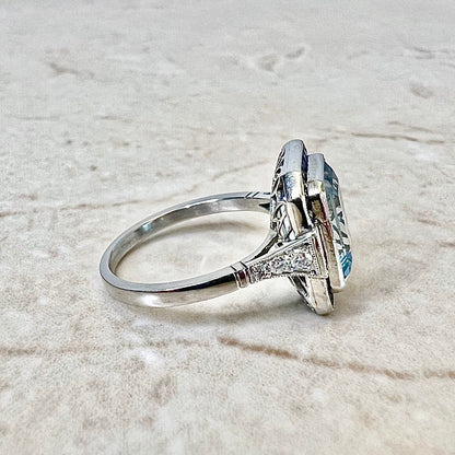 Very Fine Handcrafted Platinum Art Deco Style Aquamarine, Sapphire & Diamond Halo Ring - Cocktail Ring - Engagement Ring - Promise Ring