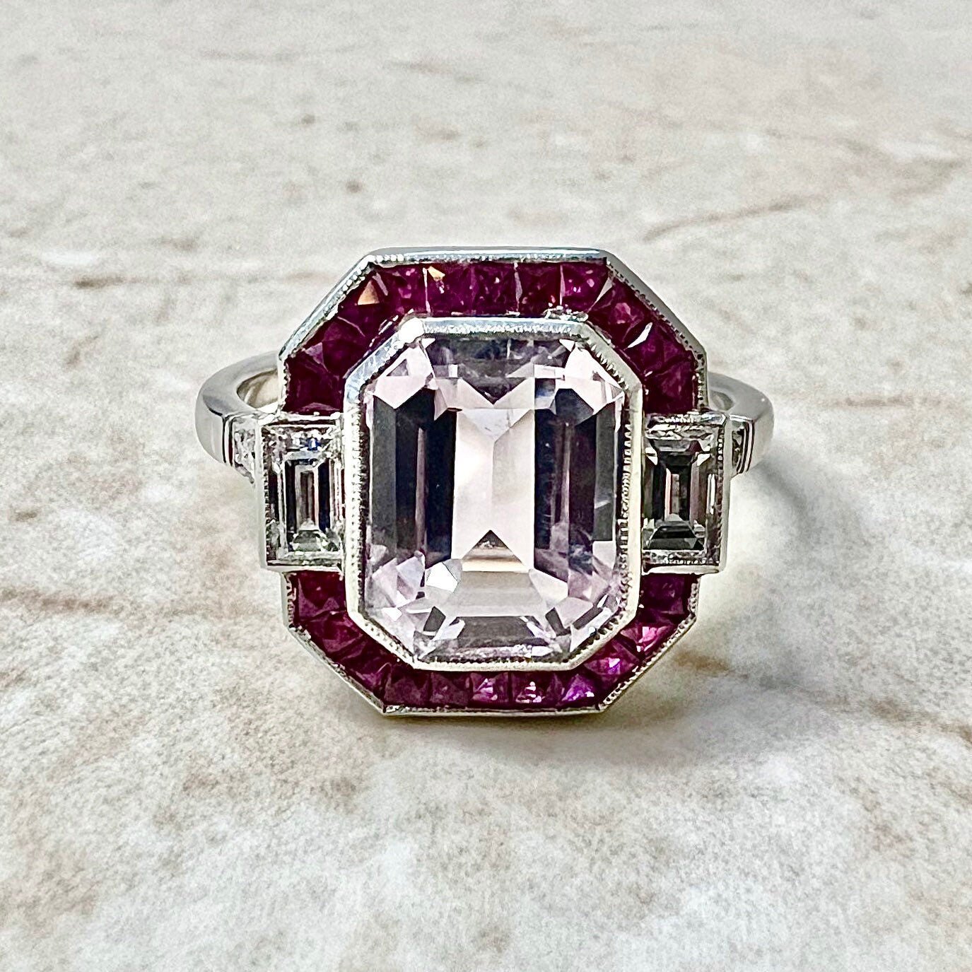 Very Fine Handcrafted Platinum Art Deco Style Kunzite, Ruby & Diamond Halo Ring - Cocktail Ring - Platinum Engagement Ring - Promise Ring