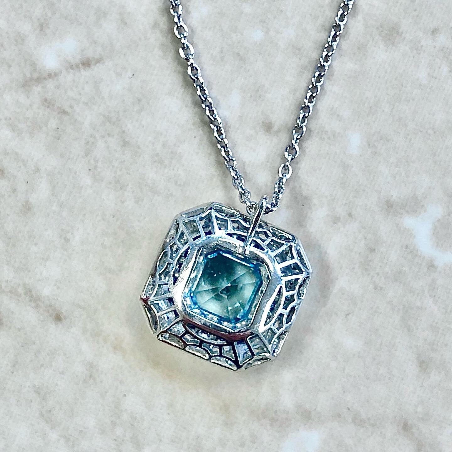 Very Fine Handcrafted Platinum Art Deco Style Aquamarine, Sapphire & Diamond Halo Pendant Necklace - March April September Birthstone Gift