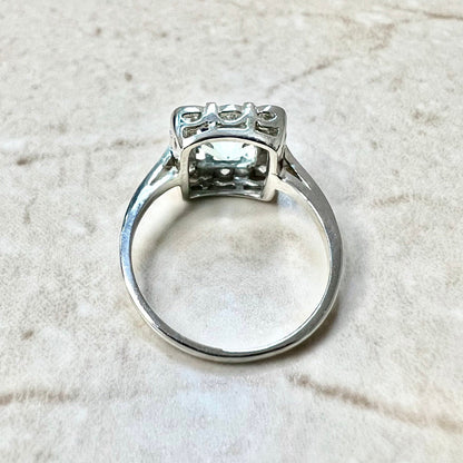 Art Deco Style Platinum Diamond & Aquamarine Halo Ring - Vintage Style Aquamarine Ring - Halo Aquamarine Ring - Aquamarine Engagement Ring