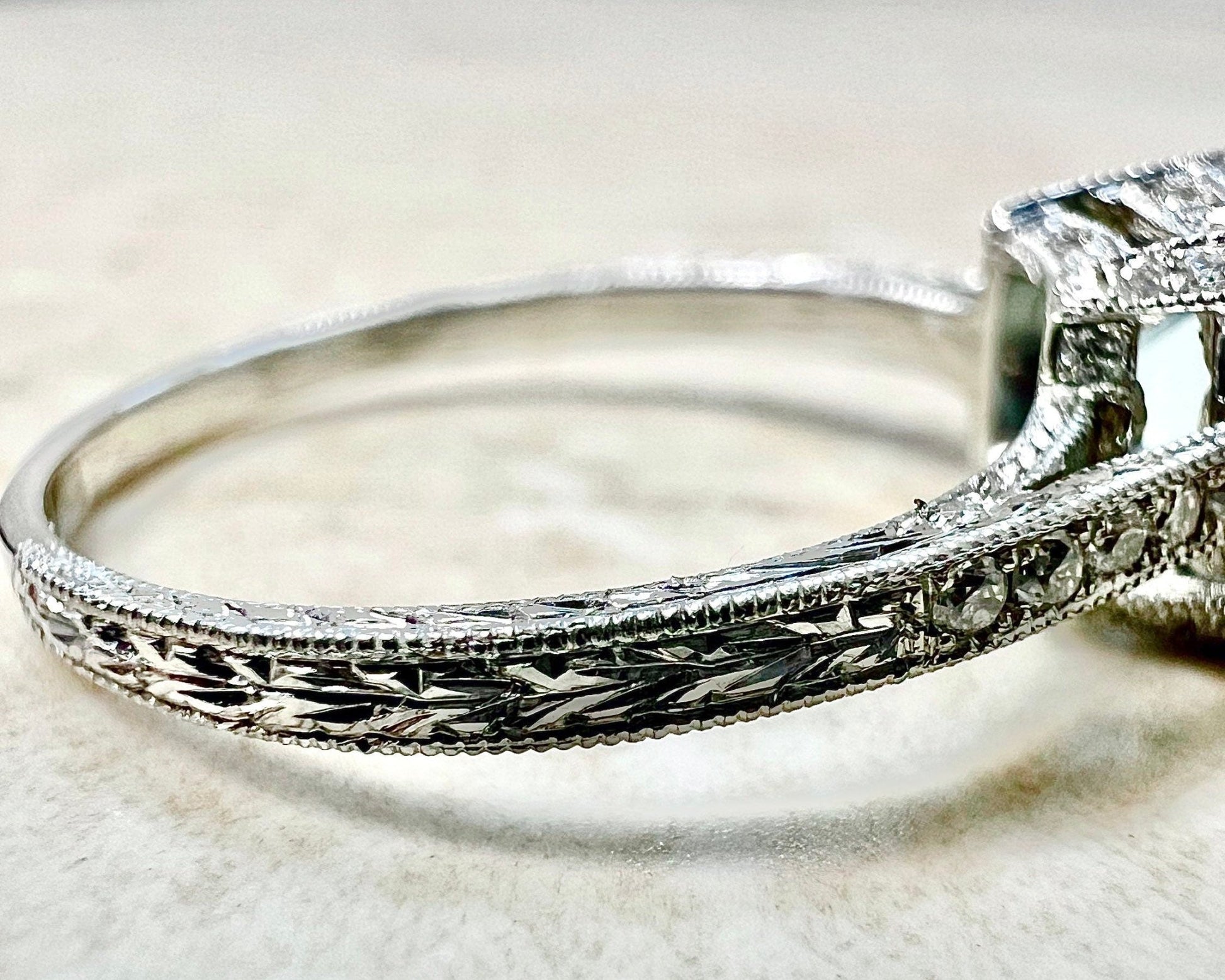 Art Deco Style Platinum Aquamarine & Diamond Solitaire Ring - Vintage Style Aquamarine Ring -Aquamarine Solitaire-Aquamarine Engagement Ring
