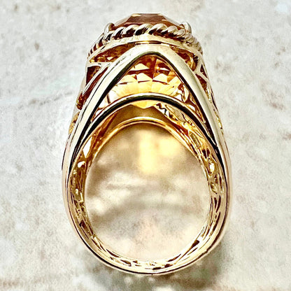 Smoky Quartz Citrine Three Stone Trellis ring - 14K Yellow Gold
