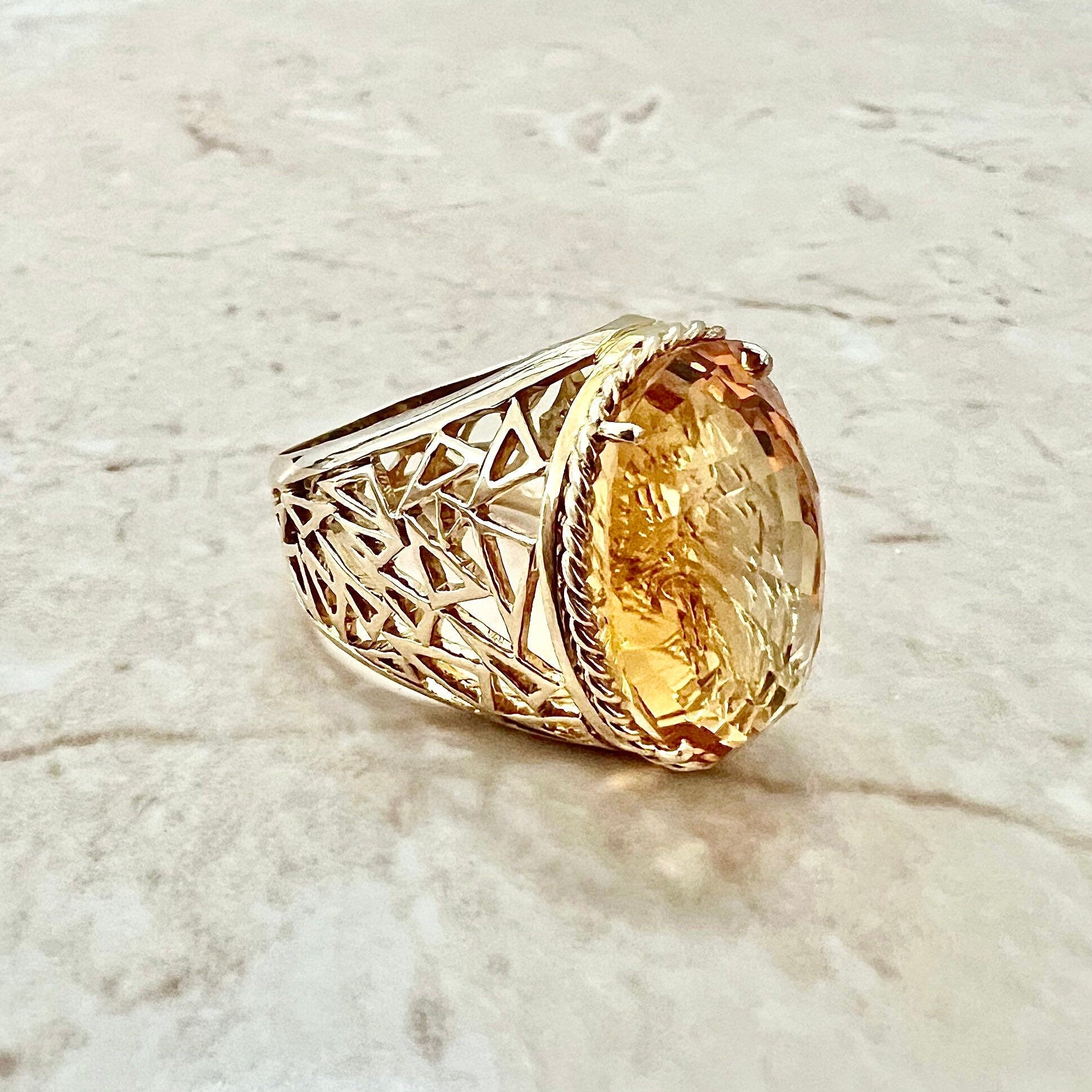 Vintage 14K Citrine Cocktail Ring In Yellow Gold - Chunky Yellow Gold Citrine Ring - Citrine Solitaire Ring-Birthday Gift-Best Gifts For Her