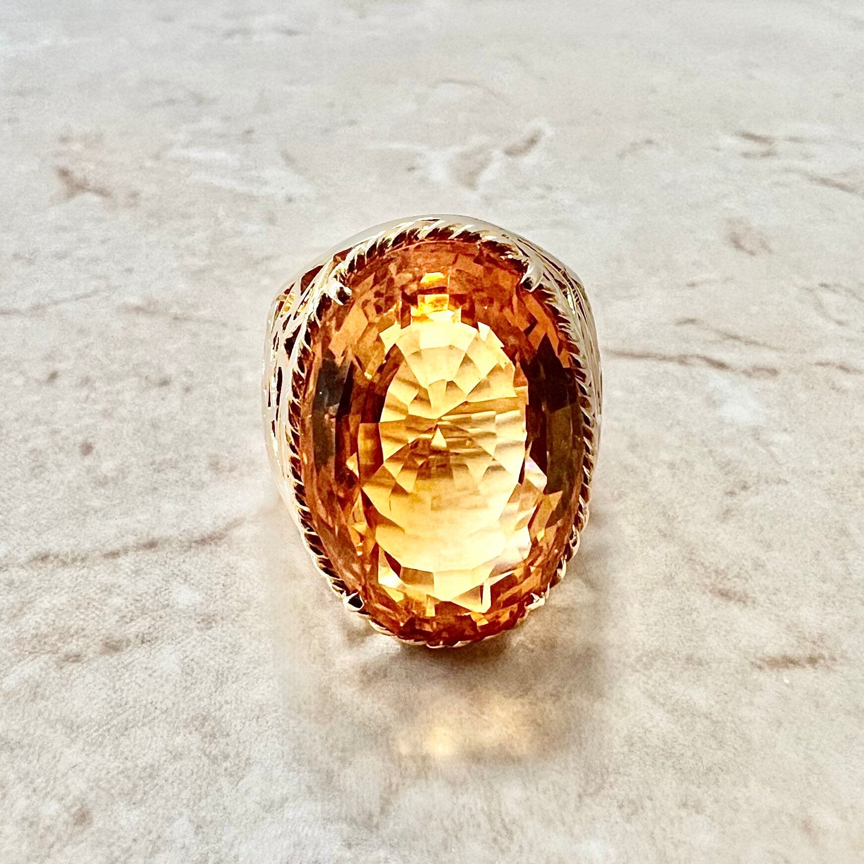 Vintage 14K Citrine Cocktail Ring In Yellow Gold - Chunky Yellow Gold Citrine Ring - Citrine Solitaire Ring-Birthday Gift-Best Gifts For Her
