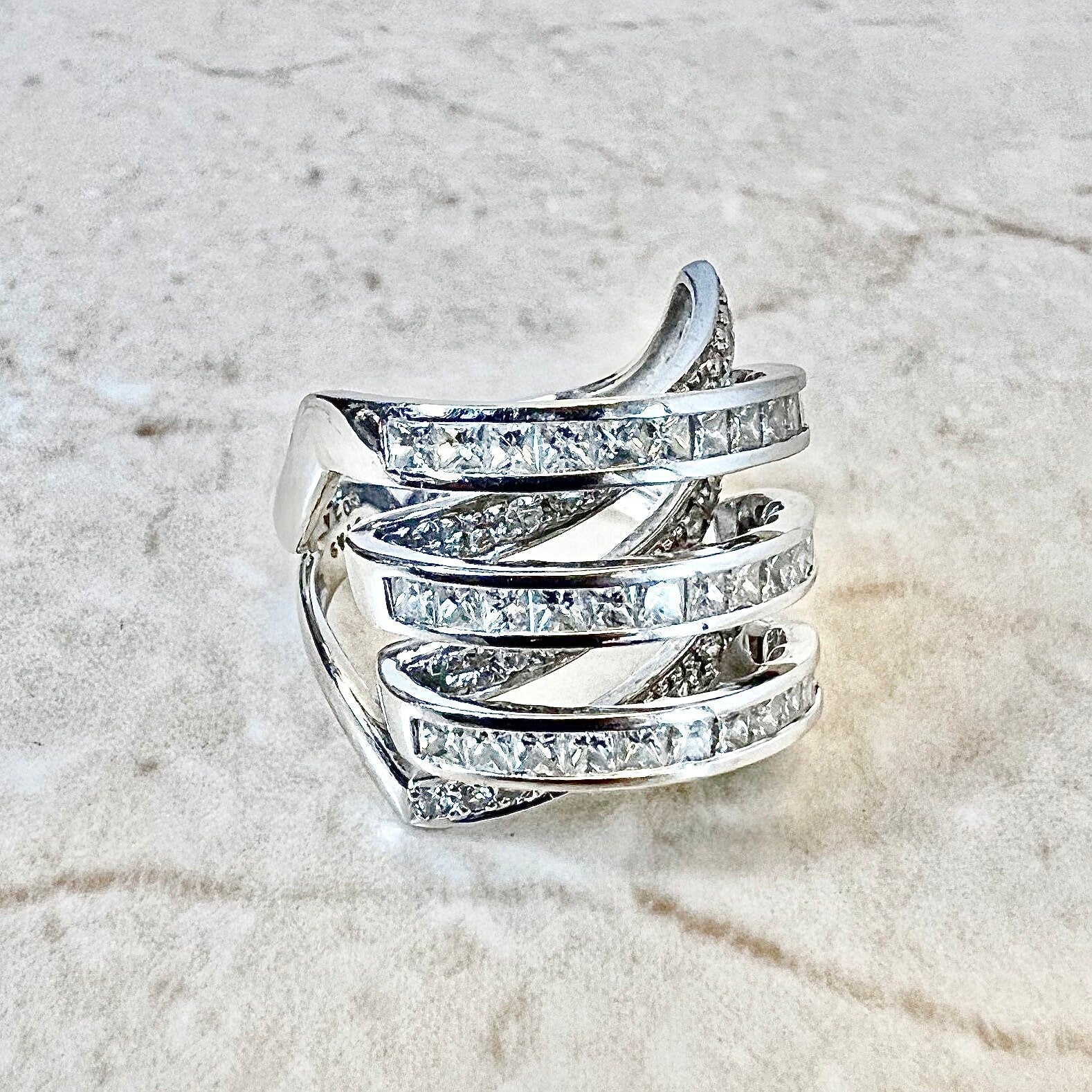 Vintage 18K Diamond Crossover Band Ring 1.73 CT - White Gold Diamond Ring - Diamond Cocktail Ring - Gold Diamond Band - Anniversary Ring