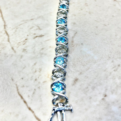 10K Hugs And Kisses Blue Topaz & Diamond Bracelet - Vintage Bracelet - White Gold Tennis Bracelet - Swiss Blue Topaz - December Birthstone