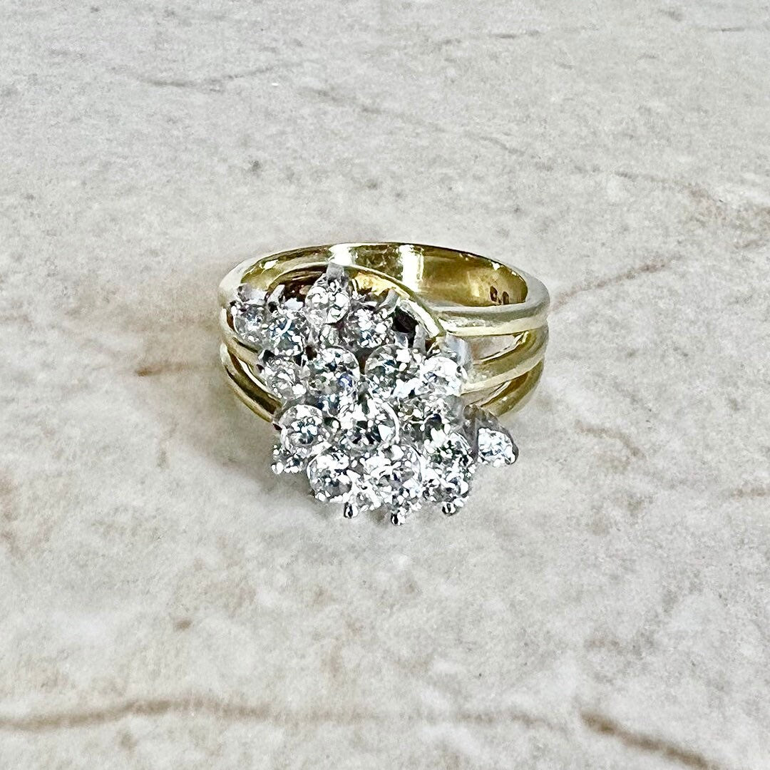 Fine Vintage 14K Diamond Cluster Cocktail Ring 1.35 CTTW - Two Tone Gold Diamond Ring - Birthday Gift For Her - Bridal Ring - Statement Ring