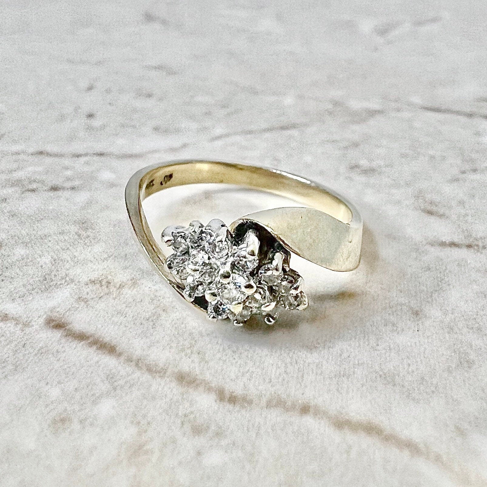 Vintage 14K Diamond Cluster Ring - Yellow & White Gold Diamond Cocktail Ring - Anniversary Ring - Best Birthday Gift For Her - Jewelry Sale
